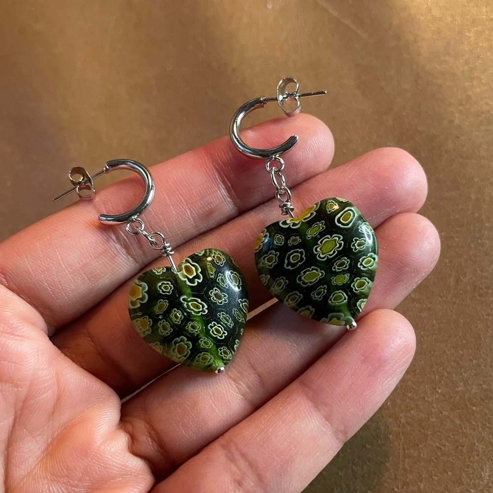 💚 Green heart Italian Millefiori floral earrings green silver